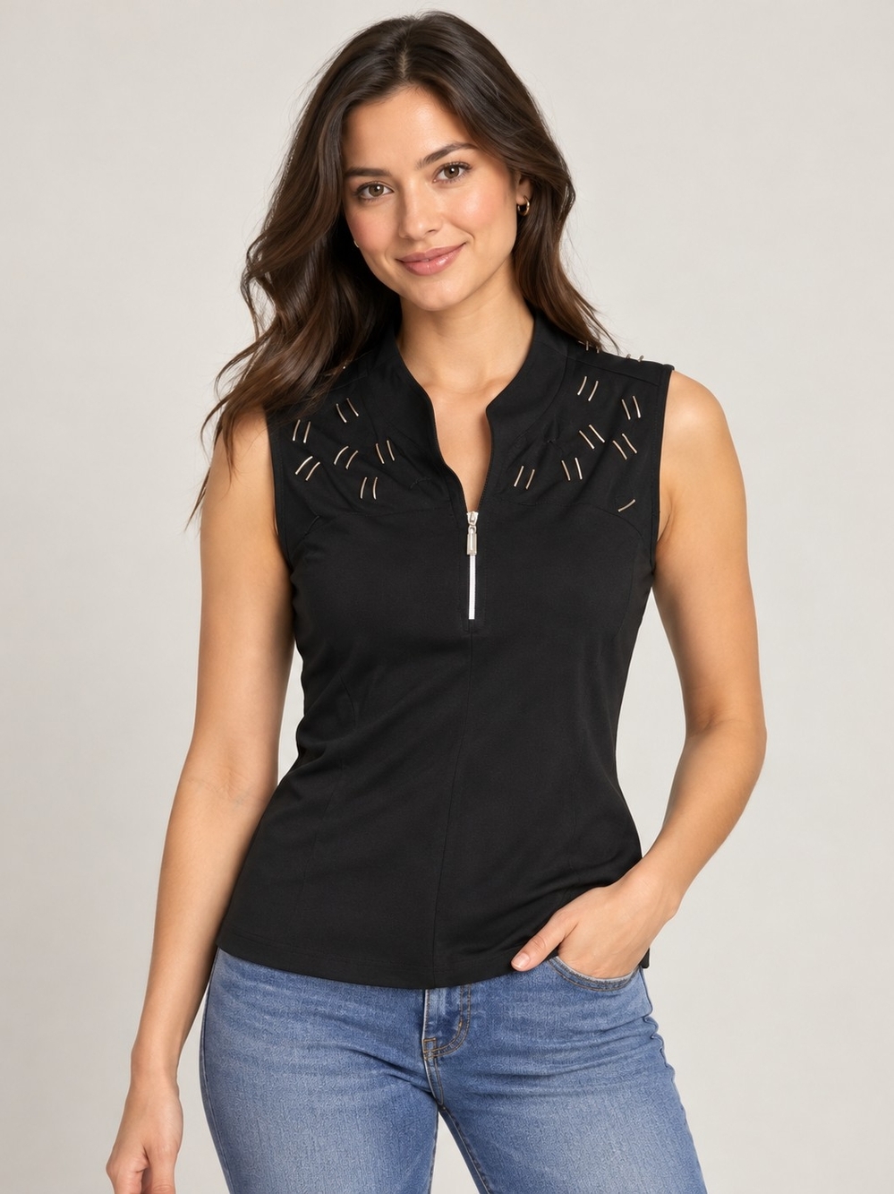jamie sadock Black Sleeveless Zip-Front Tank with Cutout Accents